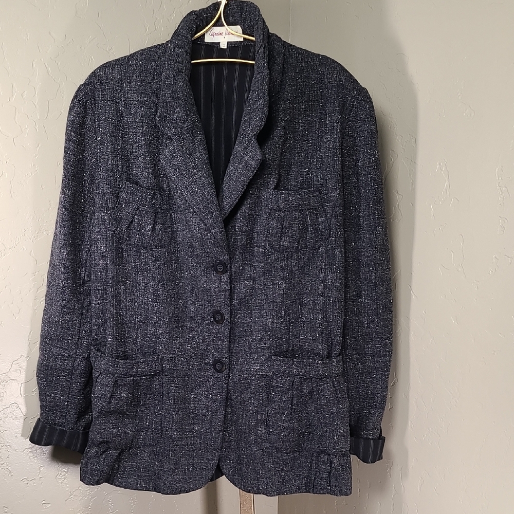 Capucine Puerari Vintage 80's Black Gray Tweed Wool Blazer Jacket Made In France